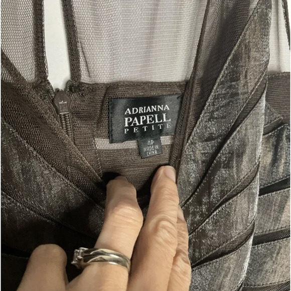 Adrianna Papell Bronze Sheer Shoulder Gathered Pleat Midi Dress 4P - Picture 3 of 6